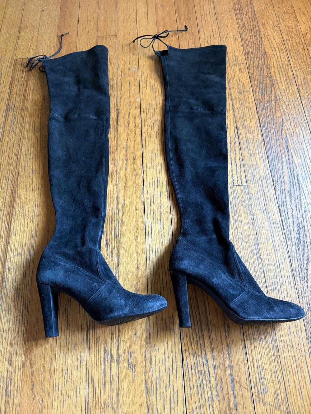 Stuart Weitzman Boots Womens Size 8.5 Black Suede Over The Knee Tie Back Heel